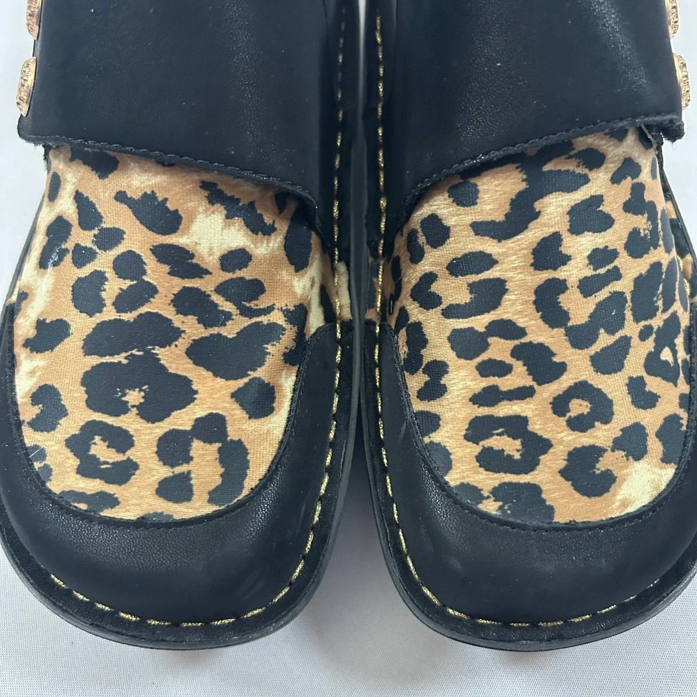 Alegria Loafers Womens 37 / 7 Black Sarah Leopard Animal Print Leather Hook Loop - Picture 3 of 11
